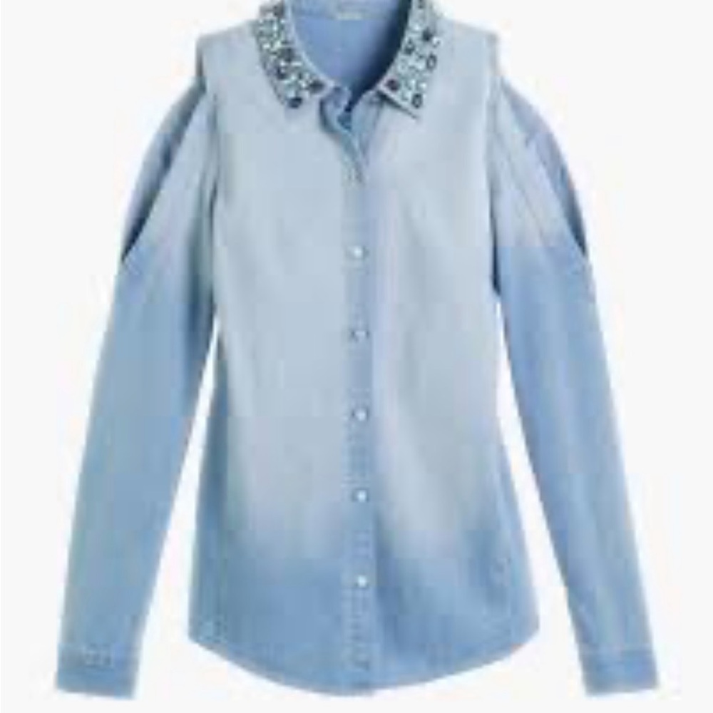 Women’s Chicos Ombré Denim Cold Shoulder with Jeweled Collar Long Sleeve Size XL